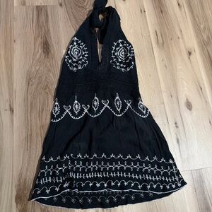 Elegant Black and White Embroidered Halter Mini Dress